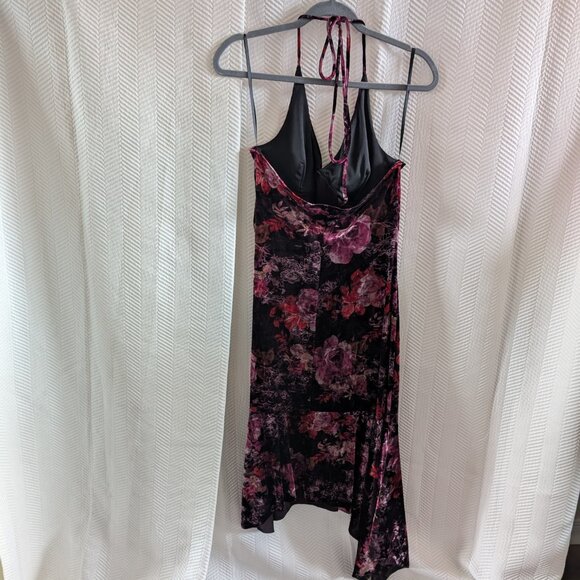 Le Chateau Velvet Dark Floral Halter Midi Dress Asymmetrical Hem XL Whimsigoth - Picture 4 of 13